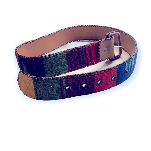 Boho vintage handmade Aztec leather belt, M - Picture 1 of 4